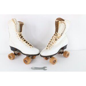 Vintage 1914 Chicago Womens 7 Distressed Leather Quad Roller Skates White USA